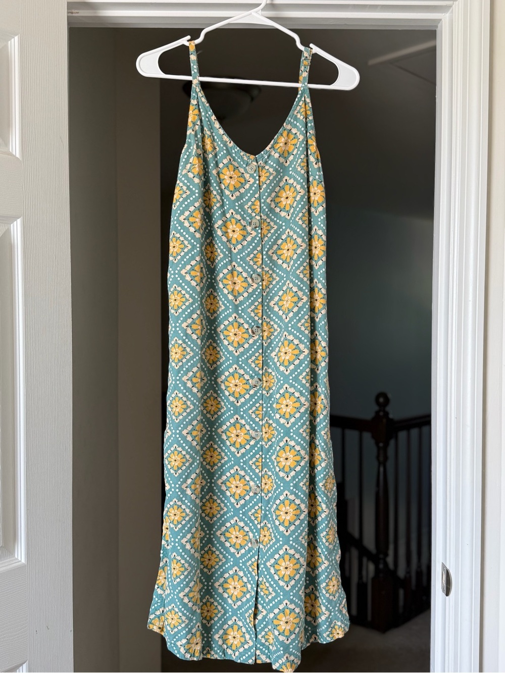 O’Neill Floral Button Front Midi Dress Blue Yellow Smocked Back Size M